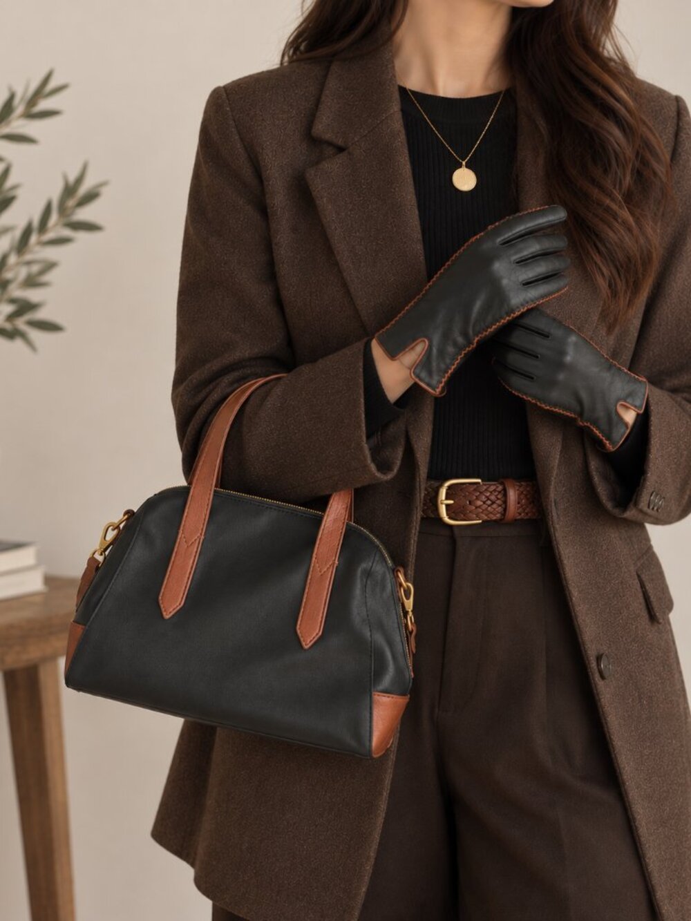 Fossil Black & Brown Handbag Set | New Vintage Danier Leather Gloves Small